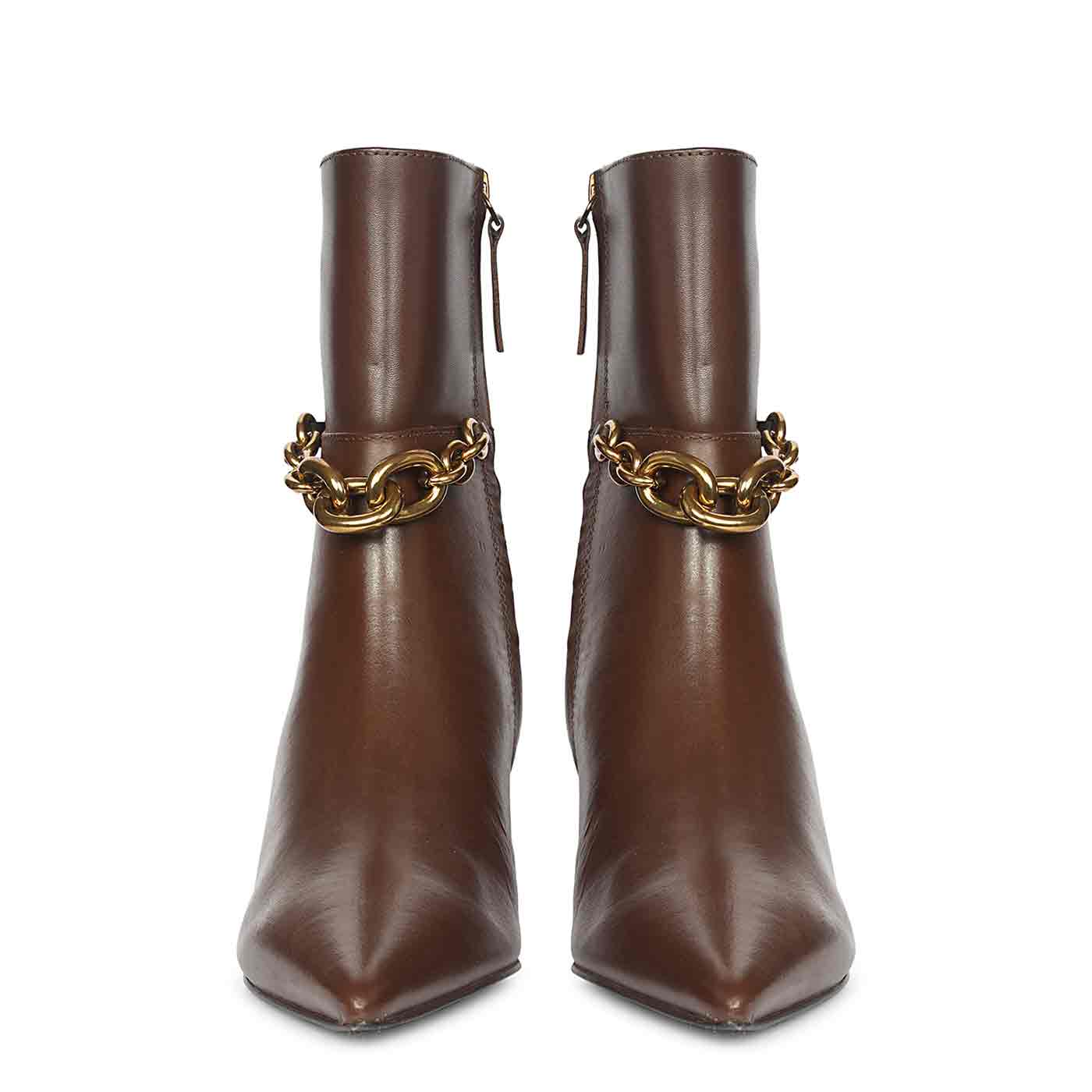 Saint Peony Chain Embellished Brown Leather Ankle boots - Image 3