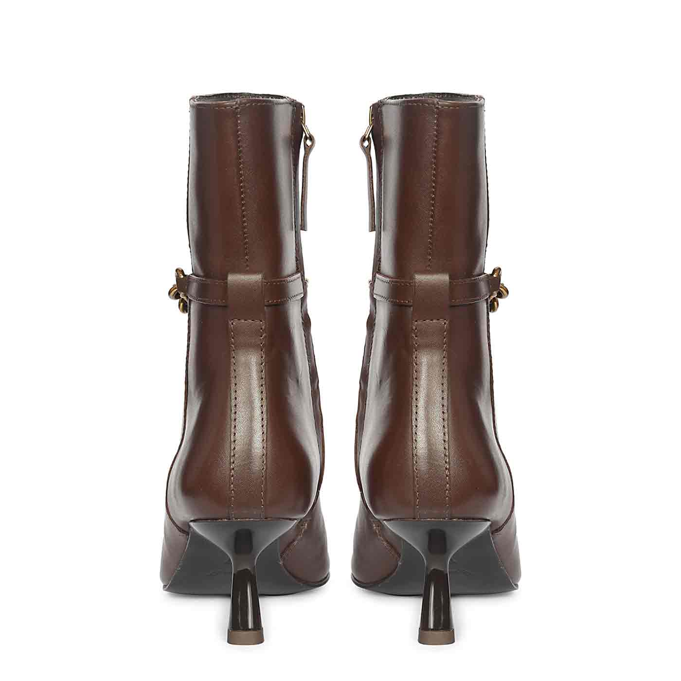 Saint Peony Chain Embellished Brown Leather Ankle boots - Image 5