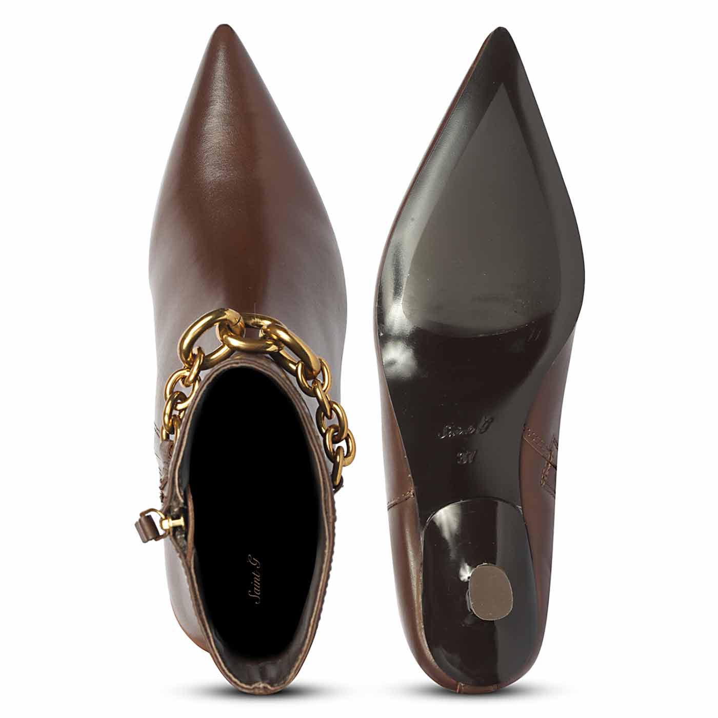 Saint Peony Chain Embellished Brown Leather Ankle boots - Image 7