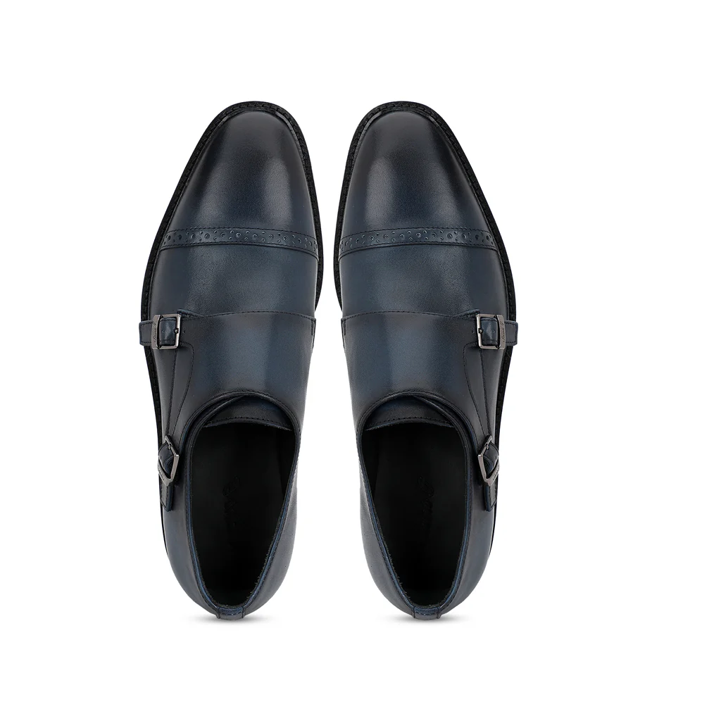 Saint Perctarit Blue Leather Double Buckle Monk Brogue Shoes - Image 6
