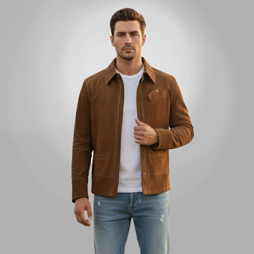 Saint Piero Dark-Tan Suede Leather Men's Jacket With Collars