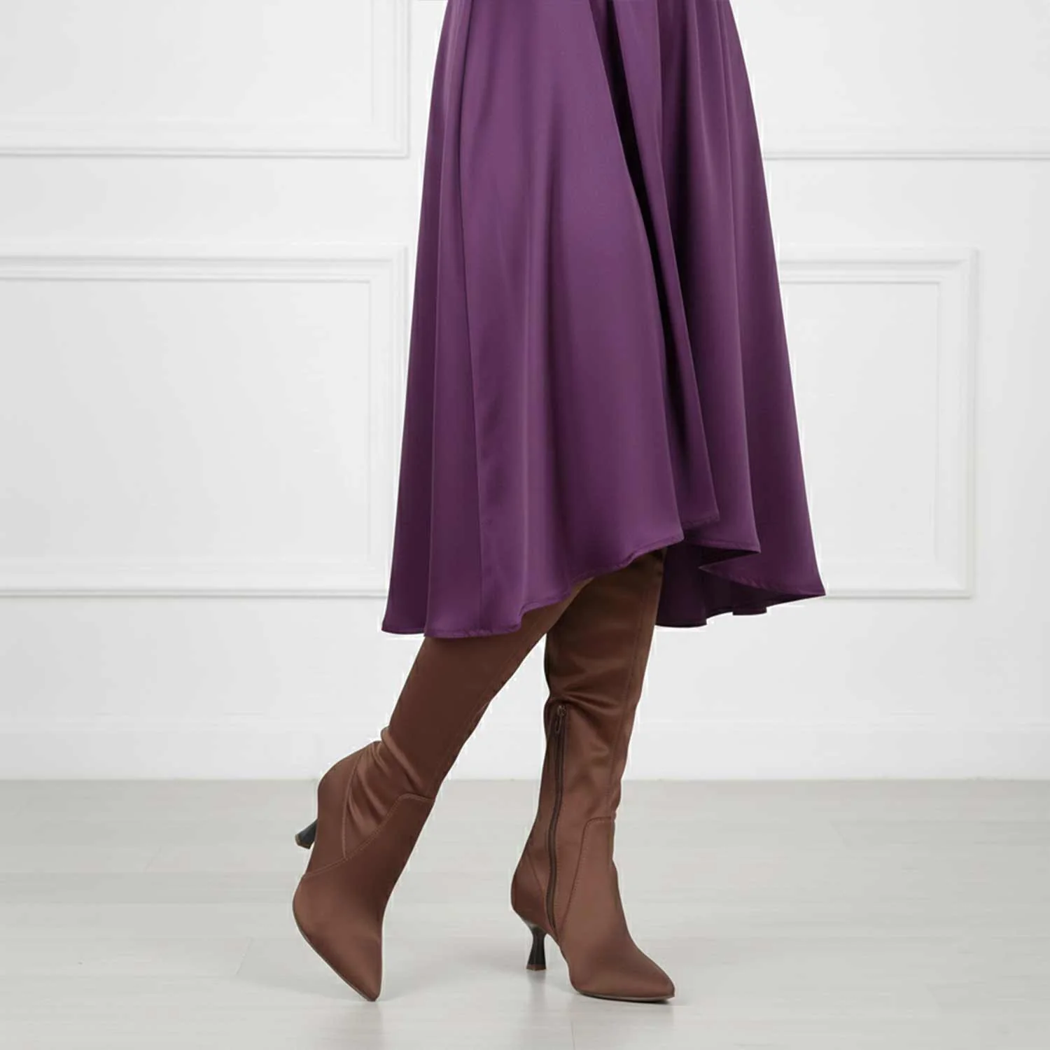 Saint Primrose Brown Stretch Satin Above The Knee Boots - Image 2
