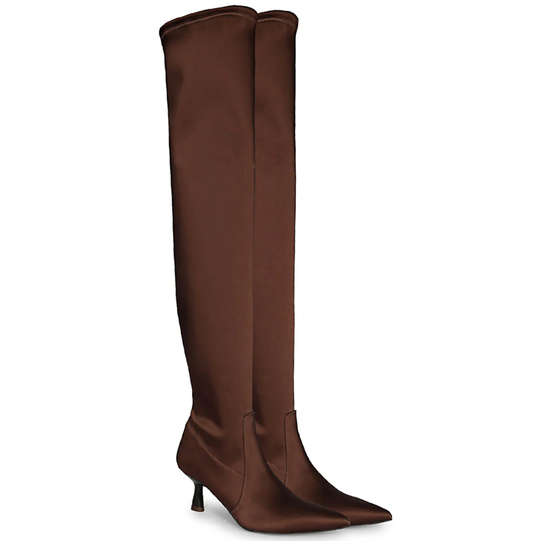 Saint Primrose Brown Stretch Satin Above The Knee Boots - Image 3
