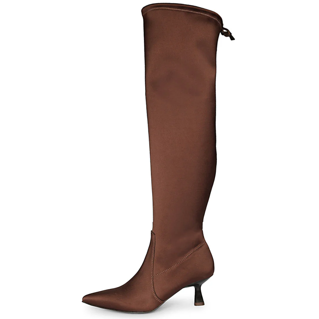 Saint Primrose Brown Stretch Satin Above The Knee Boots - Image 4