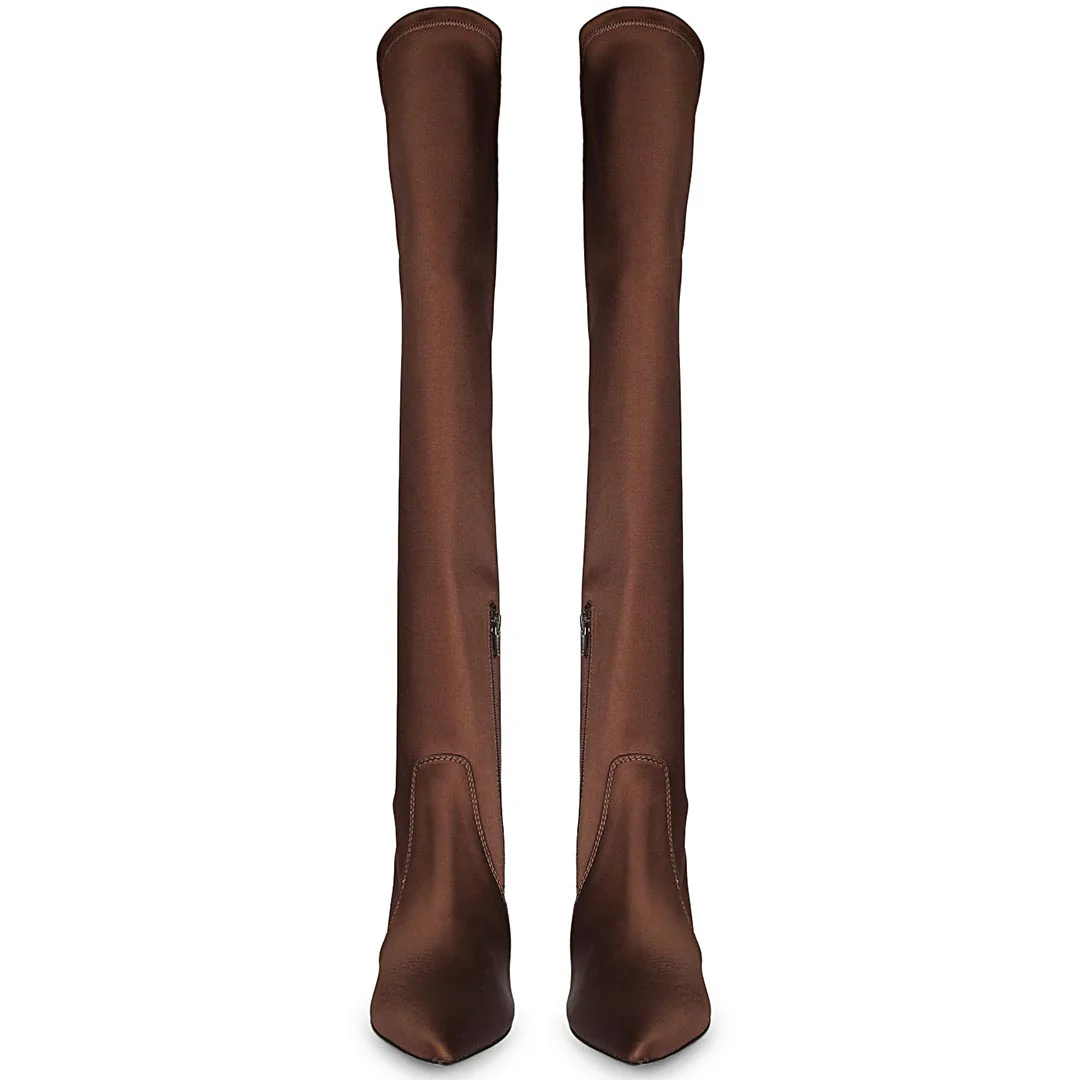 Saint Primrose Brown Stretch Satin Above The Knee Boots - Image 5
