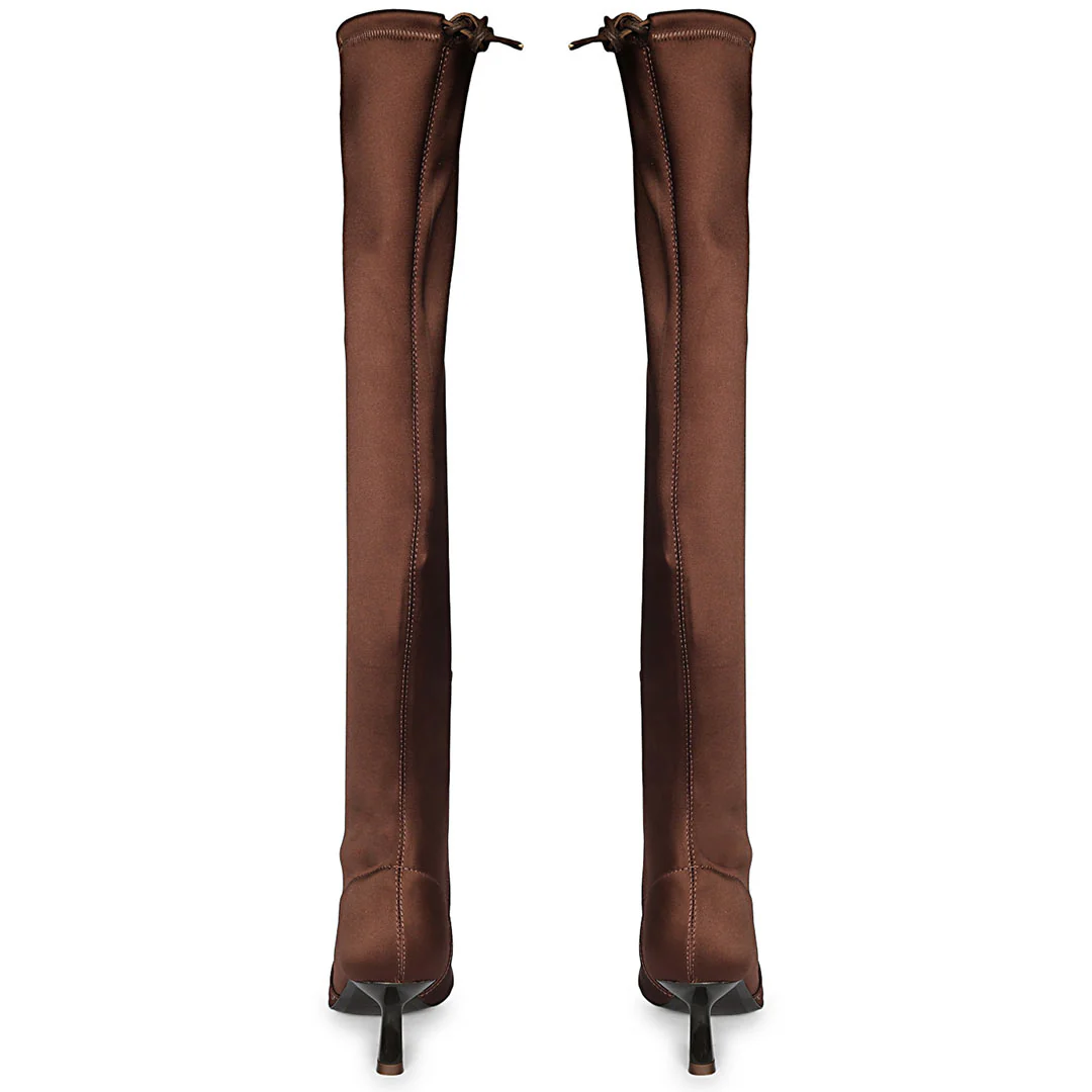 Saint Primrose Brown Stretch Satin Above The Knee Boots - Image 6