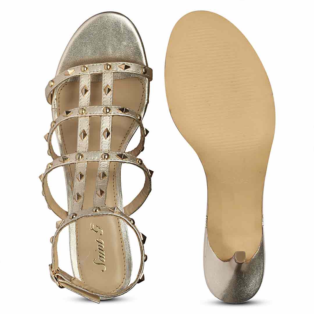 Saint Quenel Metallic Gold Leather Studded Stilettos - Image 6