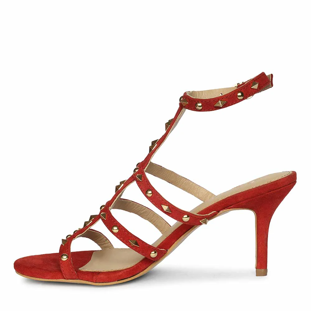 Saint Quenel Red Leather Studded Stilettos - Image 3