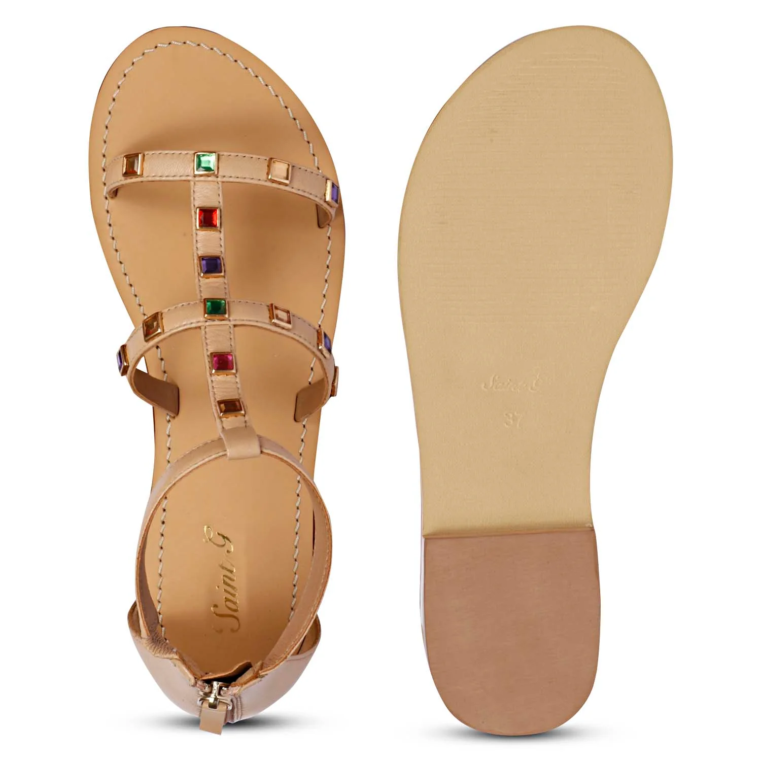 Saint Quincy Multi Stones Studded Natural Leather Sandals - Image 7