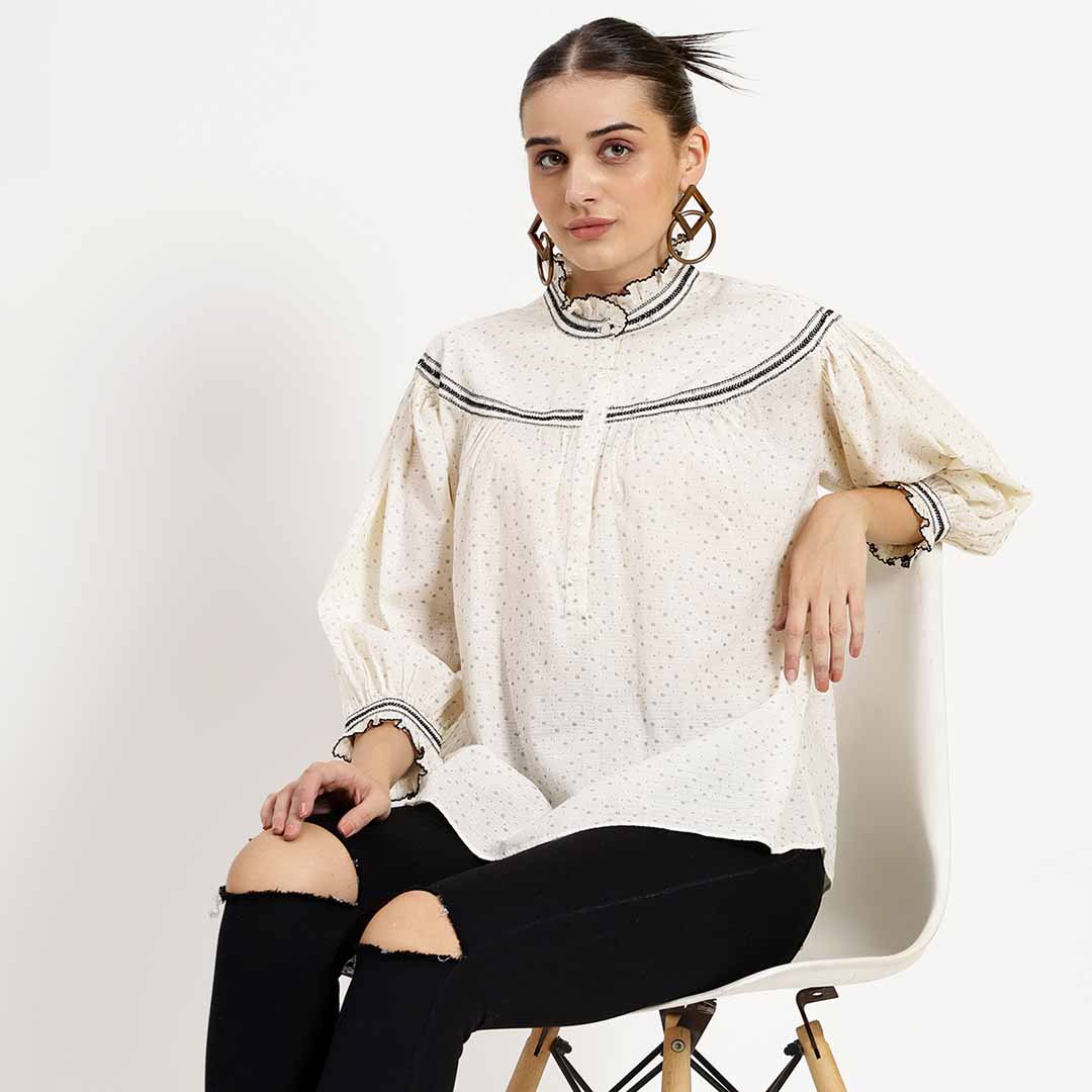 Saint Quincy Womens Ivory Printed Cotton Dubby Top - Image 2
