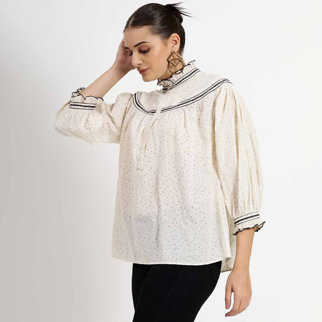 Saint Quincy Womens Ivory Printed Cotton Dubby Top - Image 3