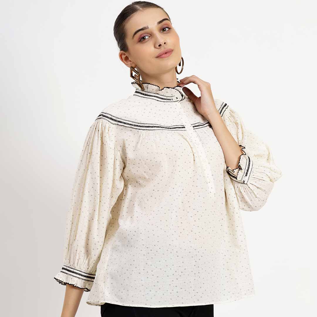 Saint Quincy Womens Ivory Printed Cotton Dubby Top - Image 4