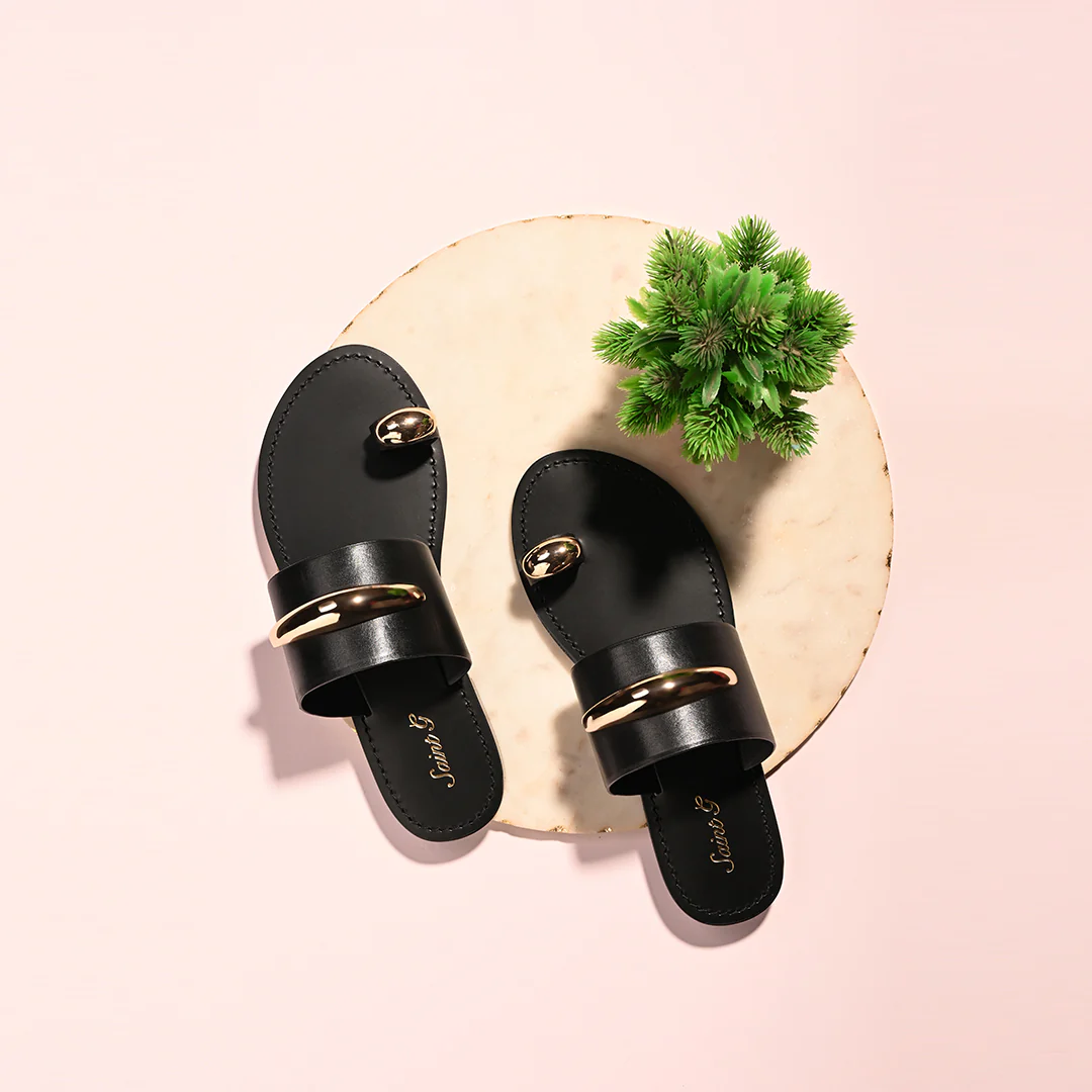 Saint Quinel Gold Metal Accents Black Leather Flats - Image 2