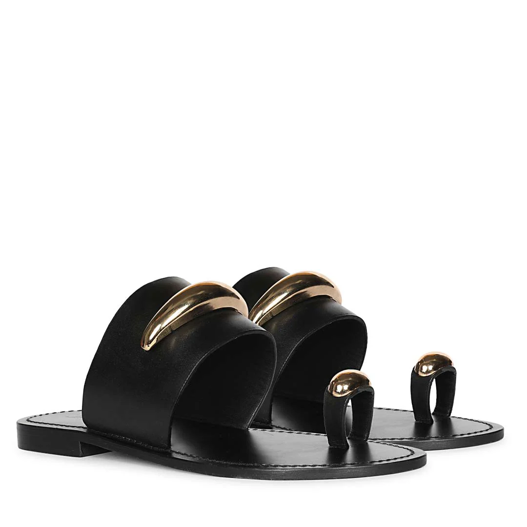 Saint Quinel Gold Metal Accents Black Leather Flats - Image 3