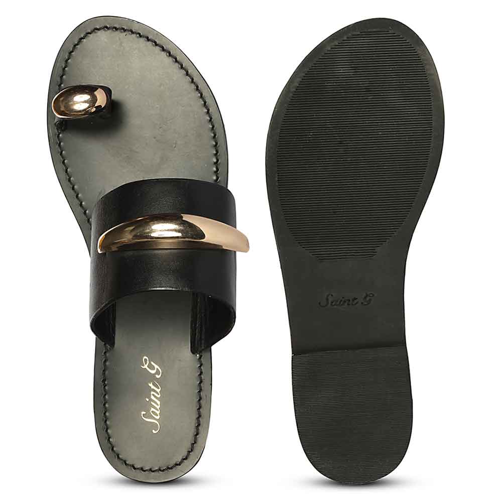 Saint Quinel Gold Metal Accents Black Leather Flats - Image 7