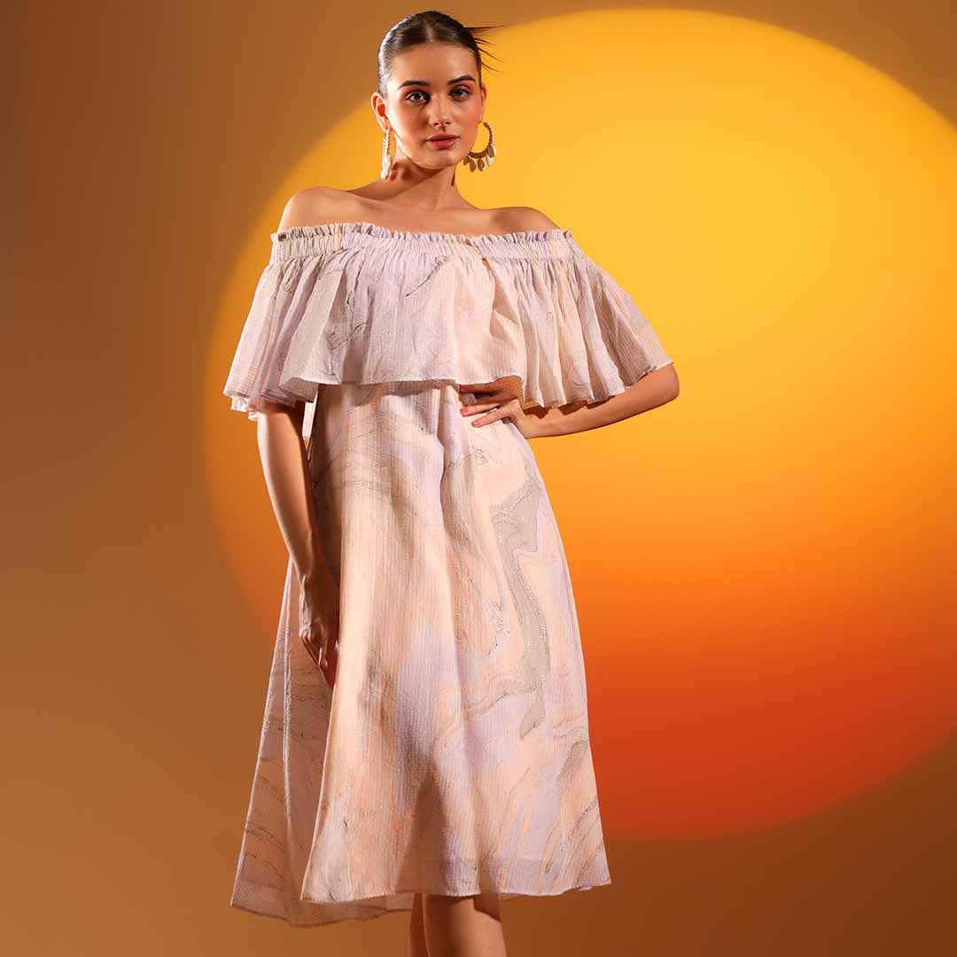 Saint Womens Lilac Marbel Dobby Off-Shoulder Midi Dress - Image 2