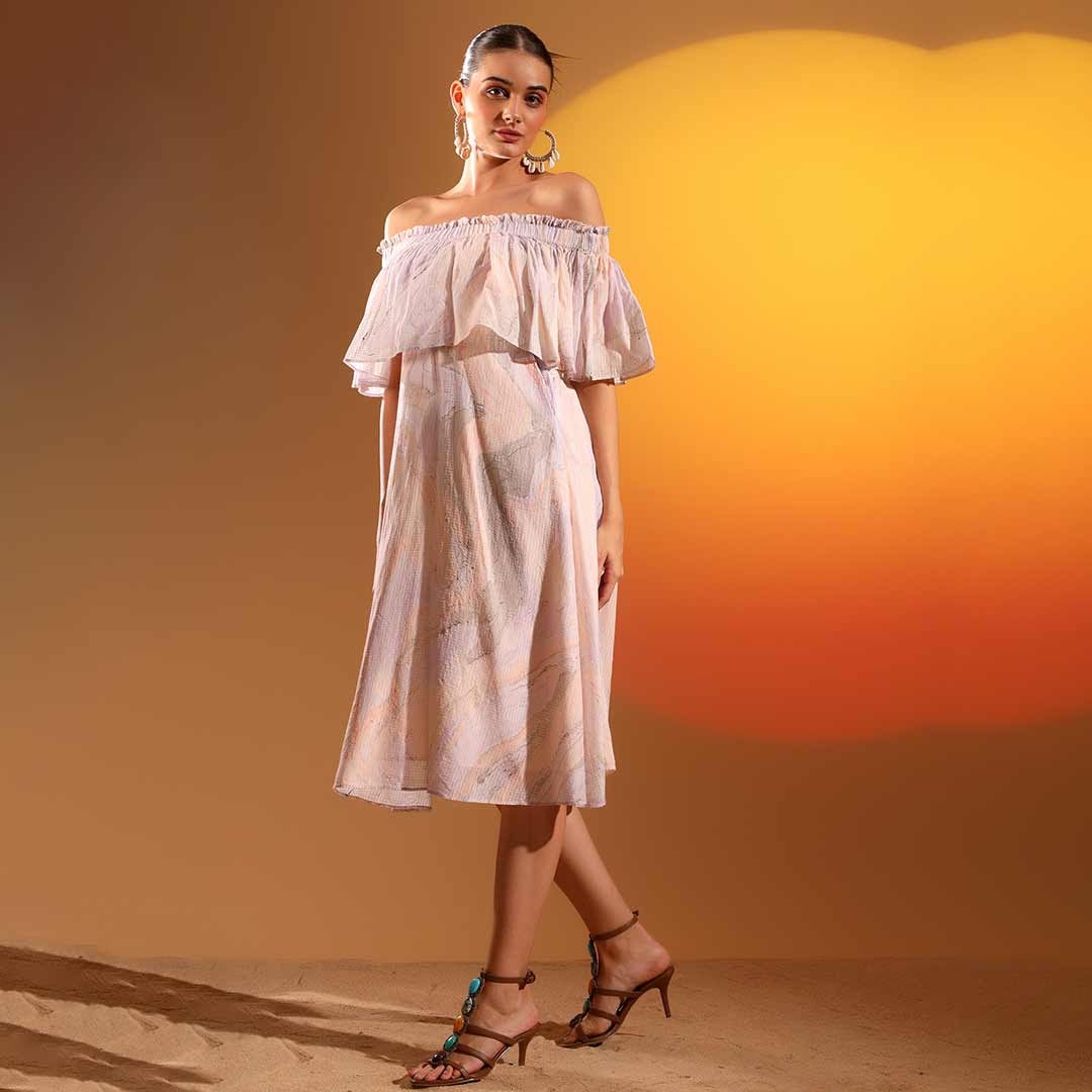 Saint Womens Lilac Marbel Dobby Off-Shoulder Midi Dress - Image 3