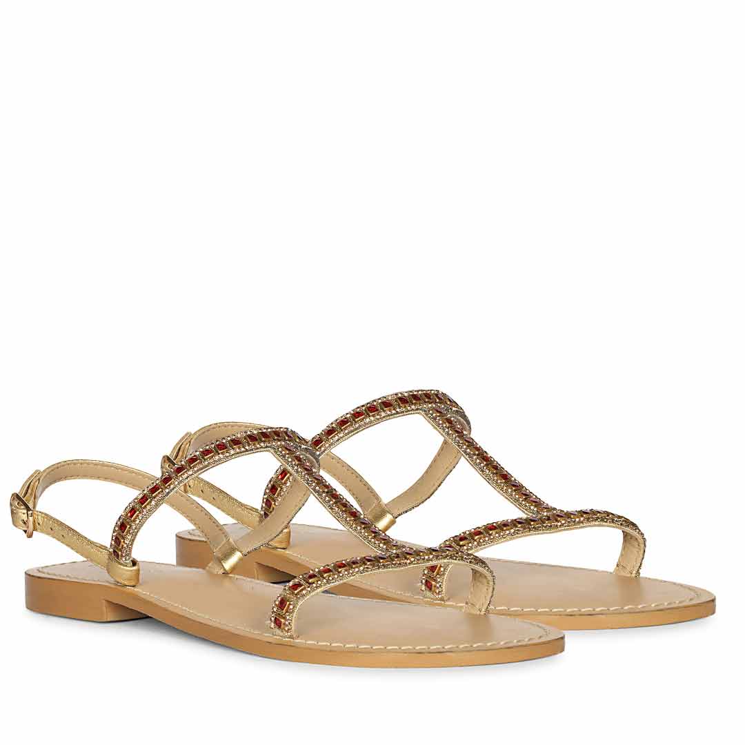 Saint Raelin Metallic Gold Leather Embellished Sandals - Image 2