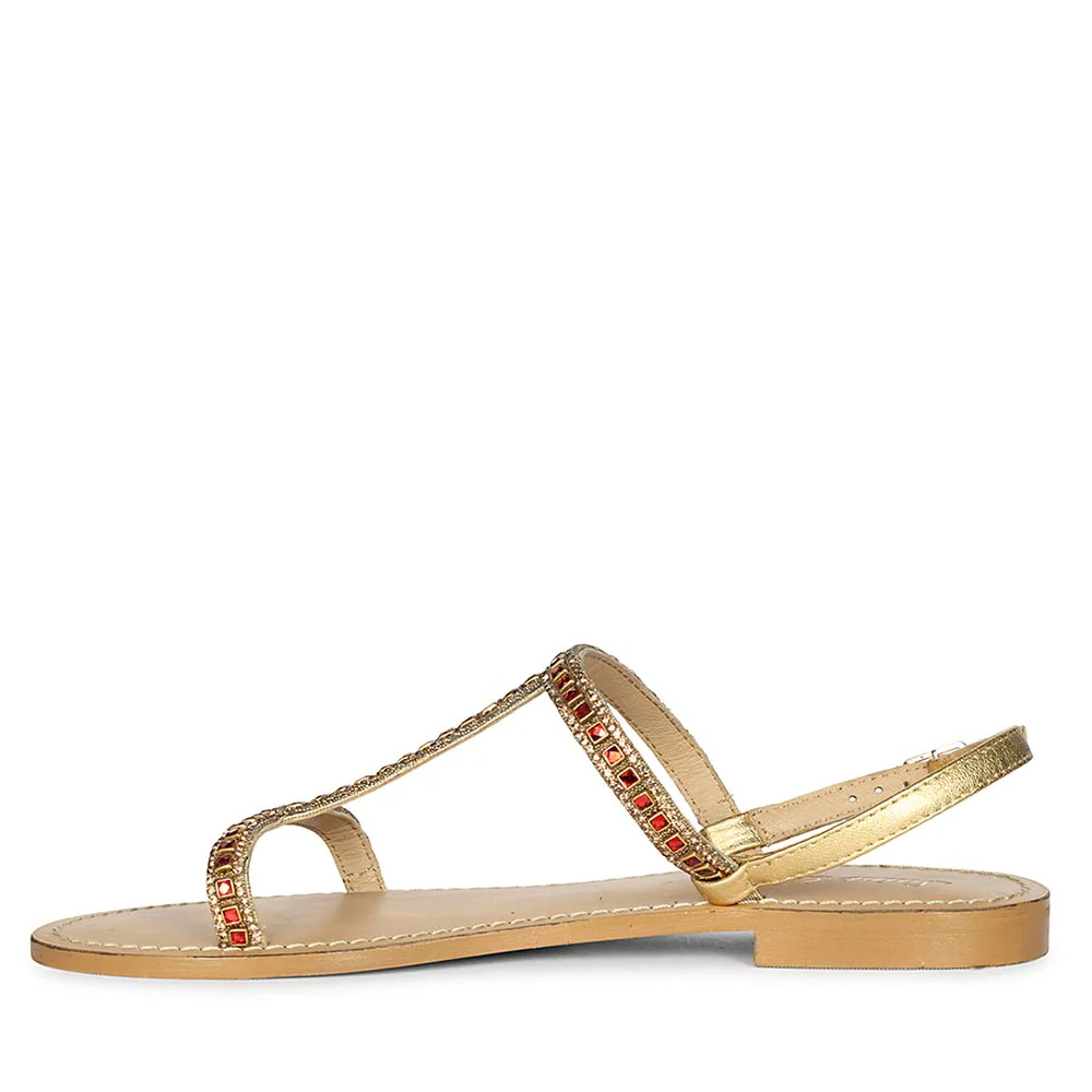 Saint Raelin Metallic Gold Leather Embellished Sandals - Image 3