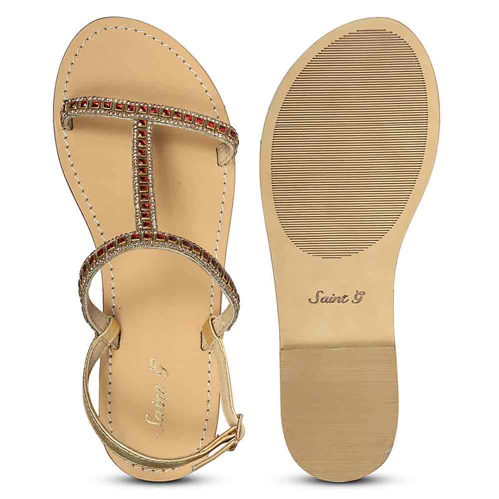 Saint Raelin Metallic Gold Leather Embellished Sandals - Image 6