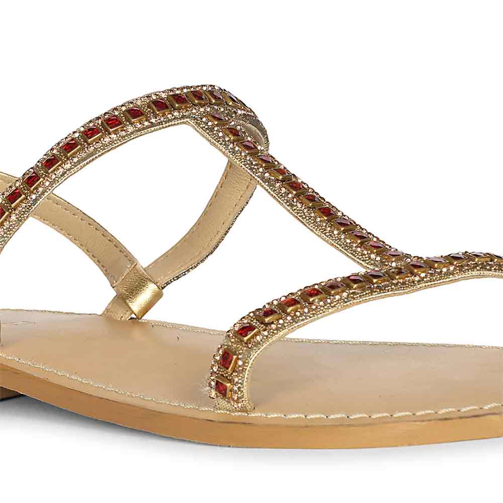 Saint Raelin Metallic Gold Leather Embellished Sandals - Image 7
