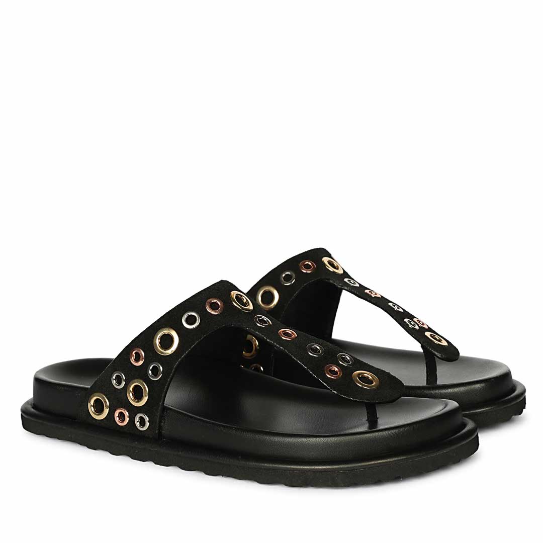 Saint Raelyn Eyelet Black Leather Footbed Sandals - Image 2