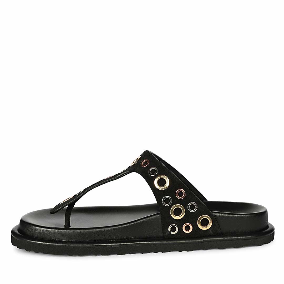 Saint Raelyn Eyelet Black Leather Footbed Sandals - Image 3