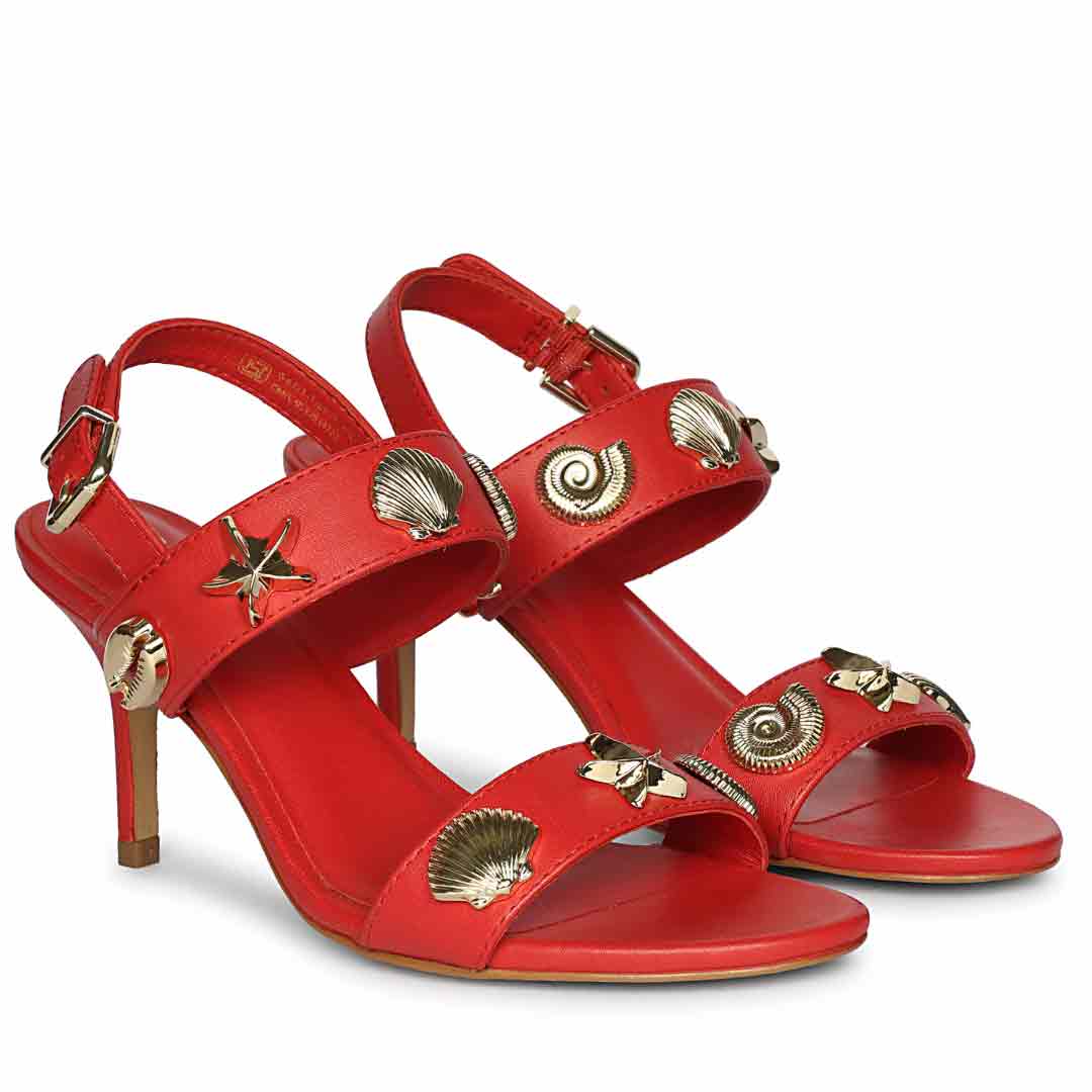 Saint Ravena Seashell & Star Embellished Goji Berry Leather Stilettos - Image 3