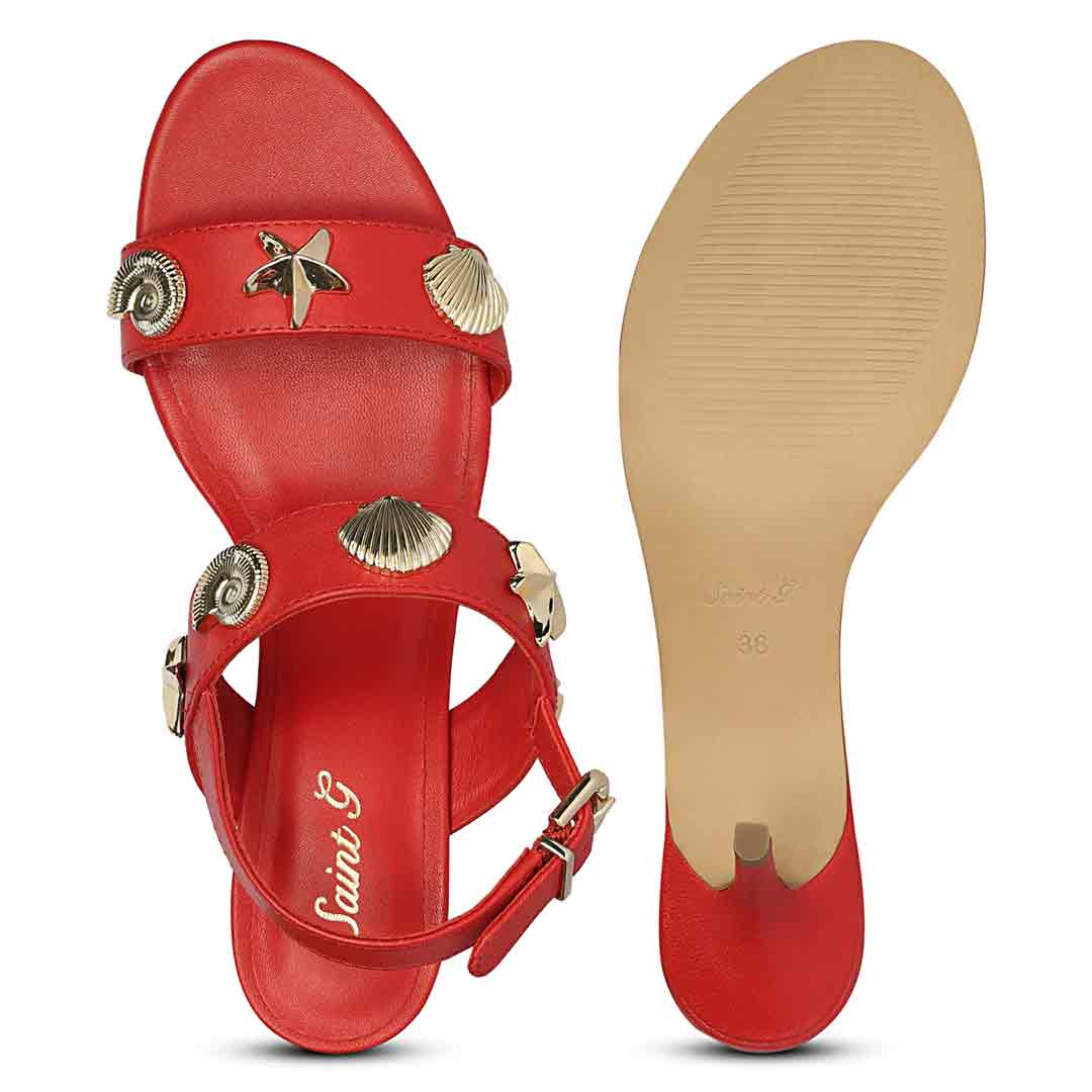 Saint Ravena Seashell & Star Embellished Goji Berry Leather Stilettos - Image 7