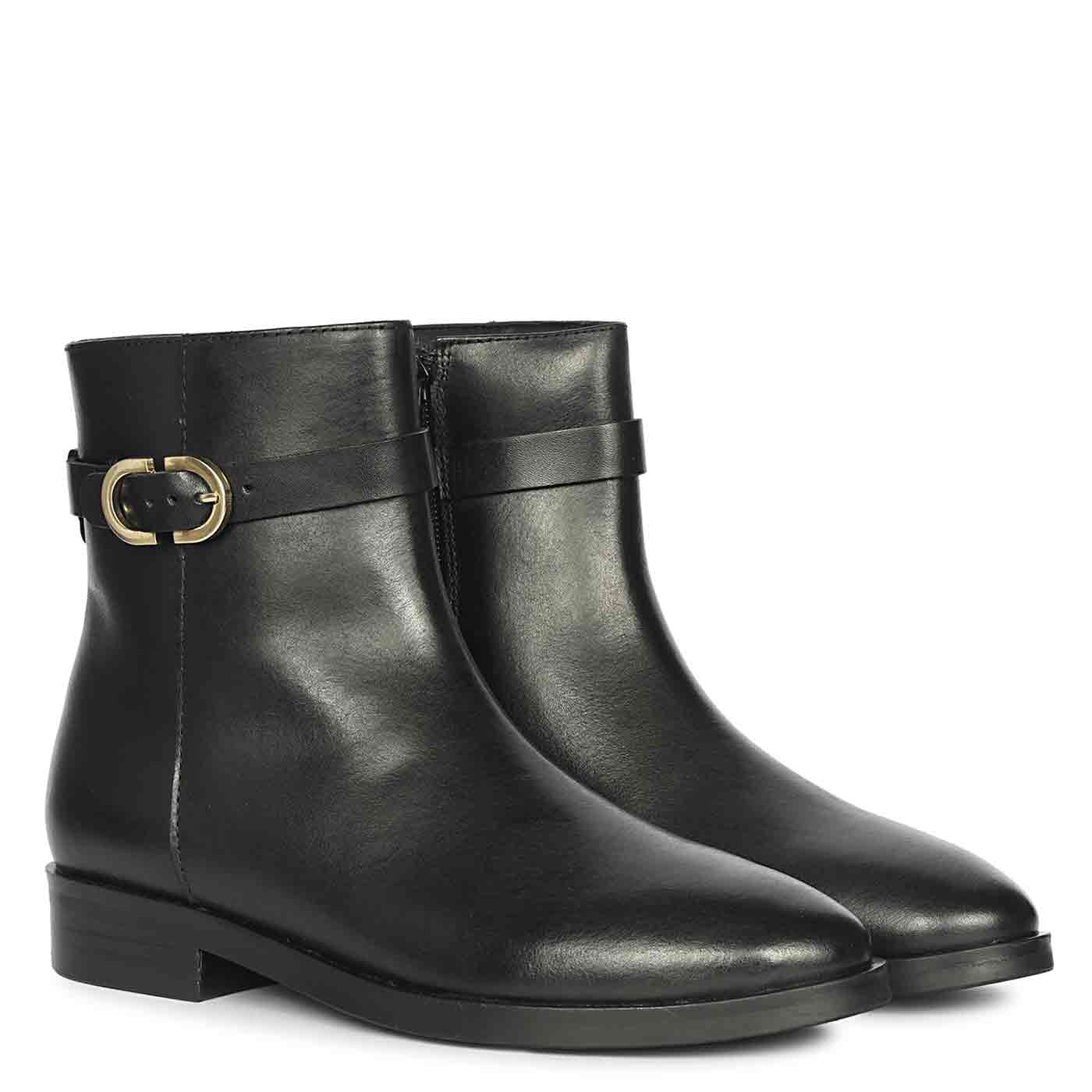 Saint Reese Black Leather Gold Buckle Decor Ankle Boots - Image 3