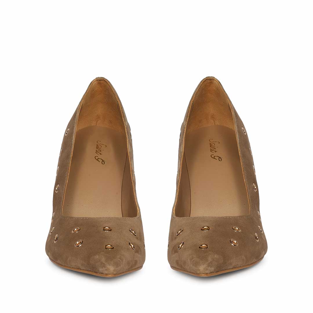 Saint Remi Eyelet Embellished Beige Suede Leather Pumps - Image 5