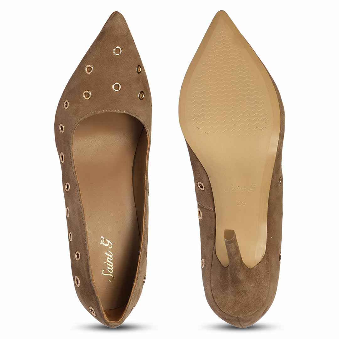 Saint Remi Eyelet Embellished Beige Suede Leather Pumps - Image 7