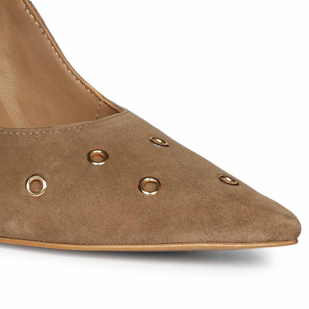 Saint Remi Eyelet Embellished Beige Suede Leather Pumps - Image 8