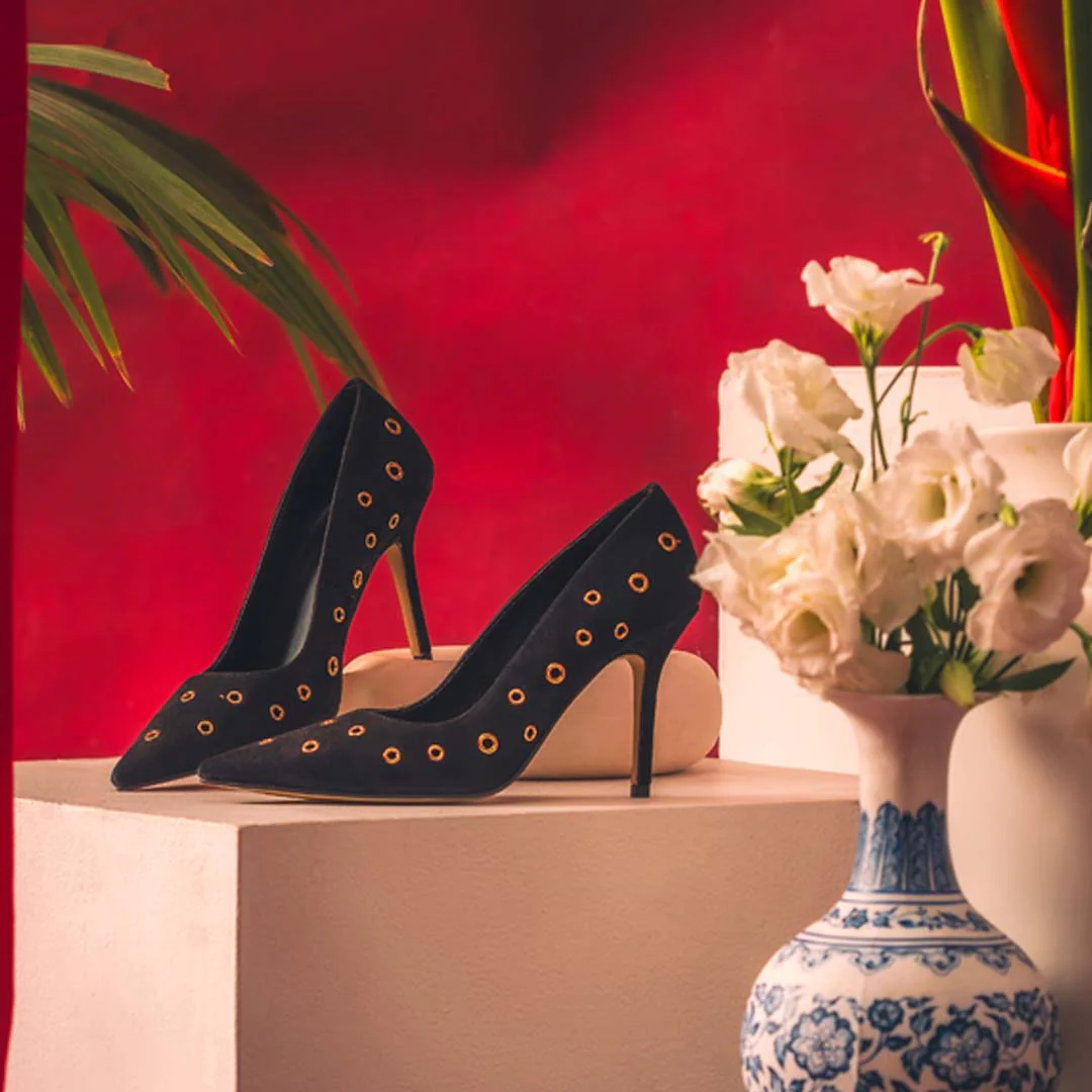 Saint Remi Eyelet Embellished Black Suede Leather Pumps - Image 2