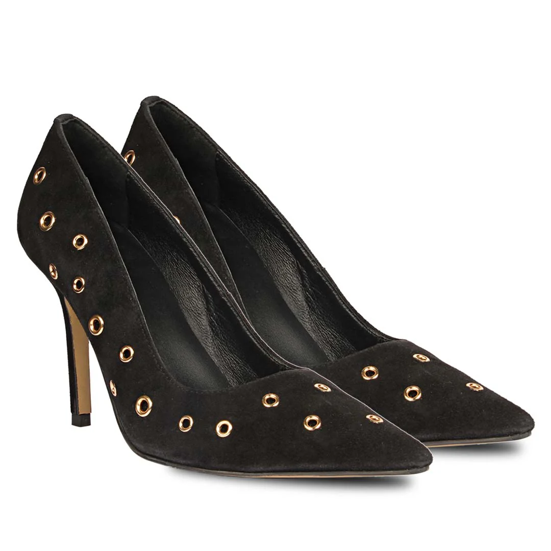 Saint Remi Eyelet Embellished Black Suede Leather Pumps - Image 3