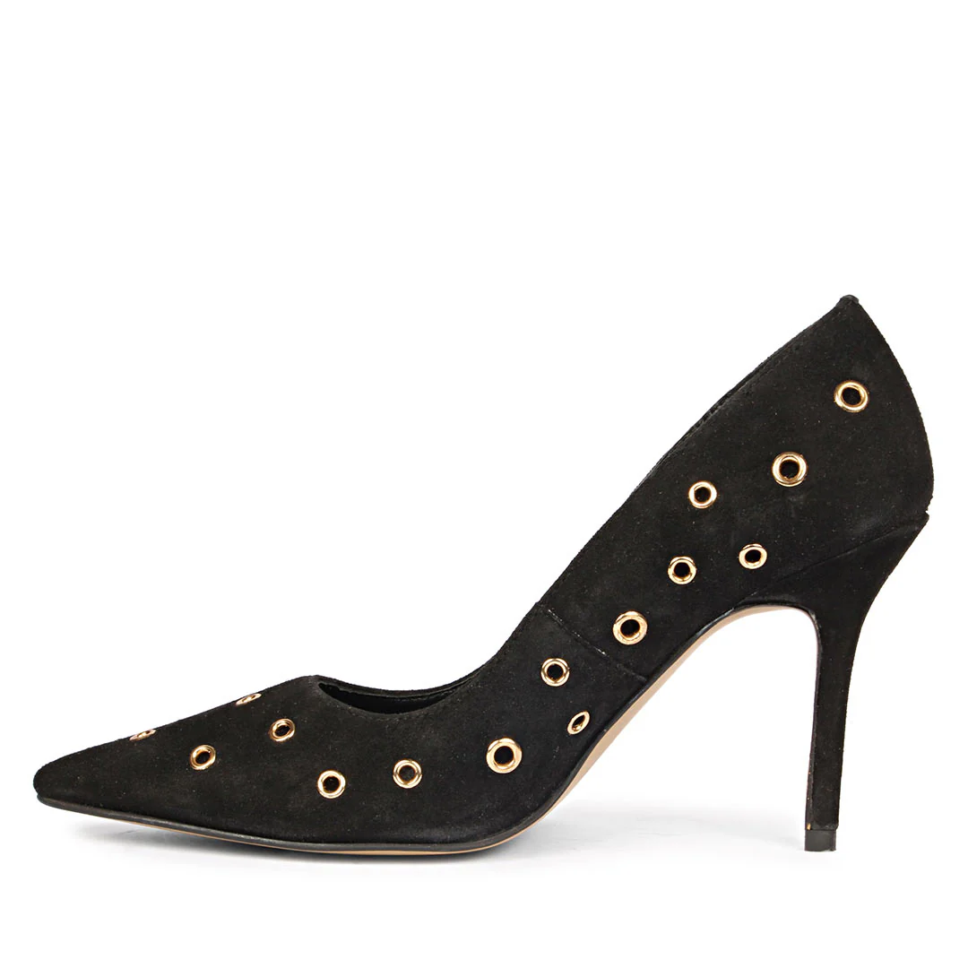 Saint Remi Eyelet Embellished Black Suede Leather Pumps - Image 4