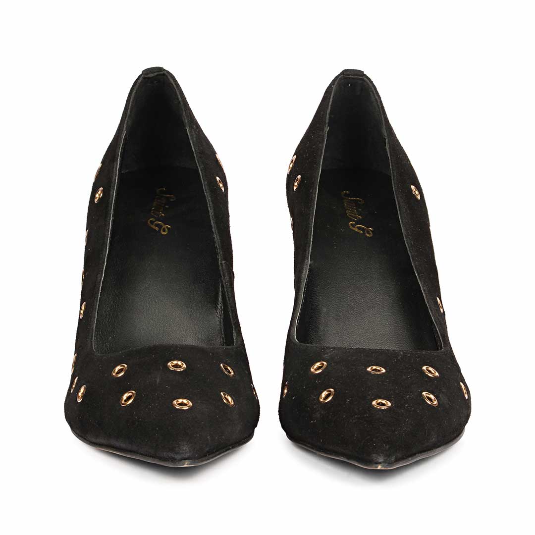 Saint Remi Eyelet Embellished Black Suede Leather Pumps - Image 5