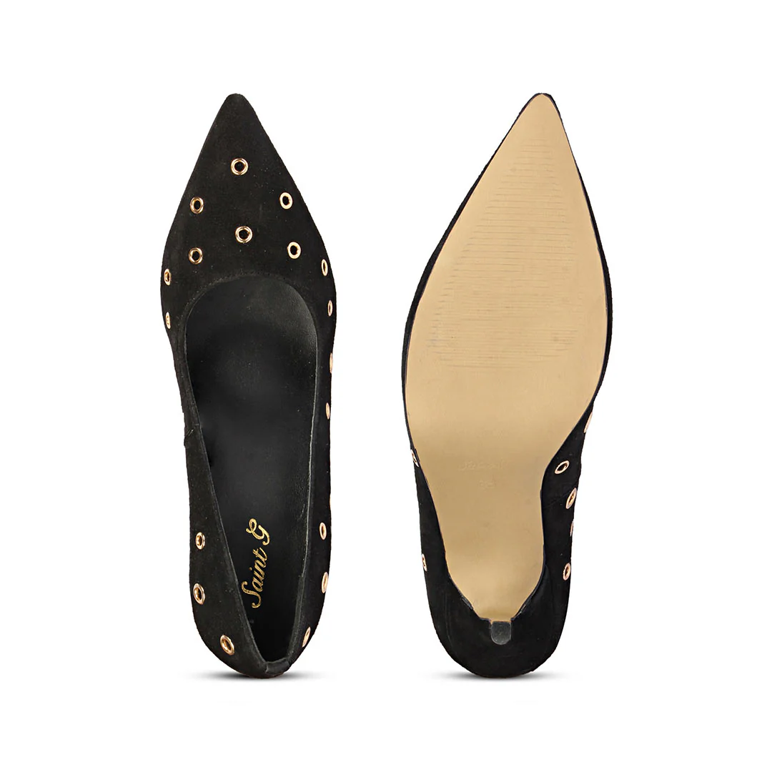 Saint Remi Eyelet Embellished Black Suede Leather Pumps - Image 7
