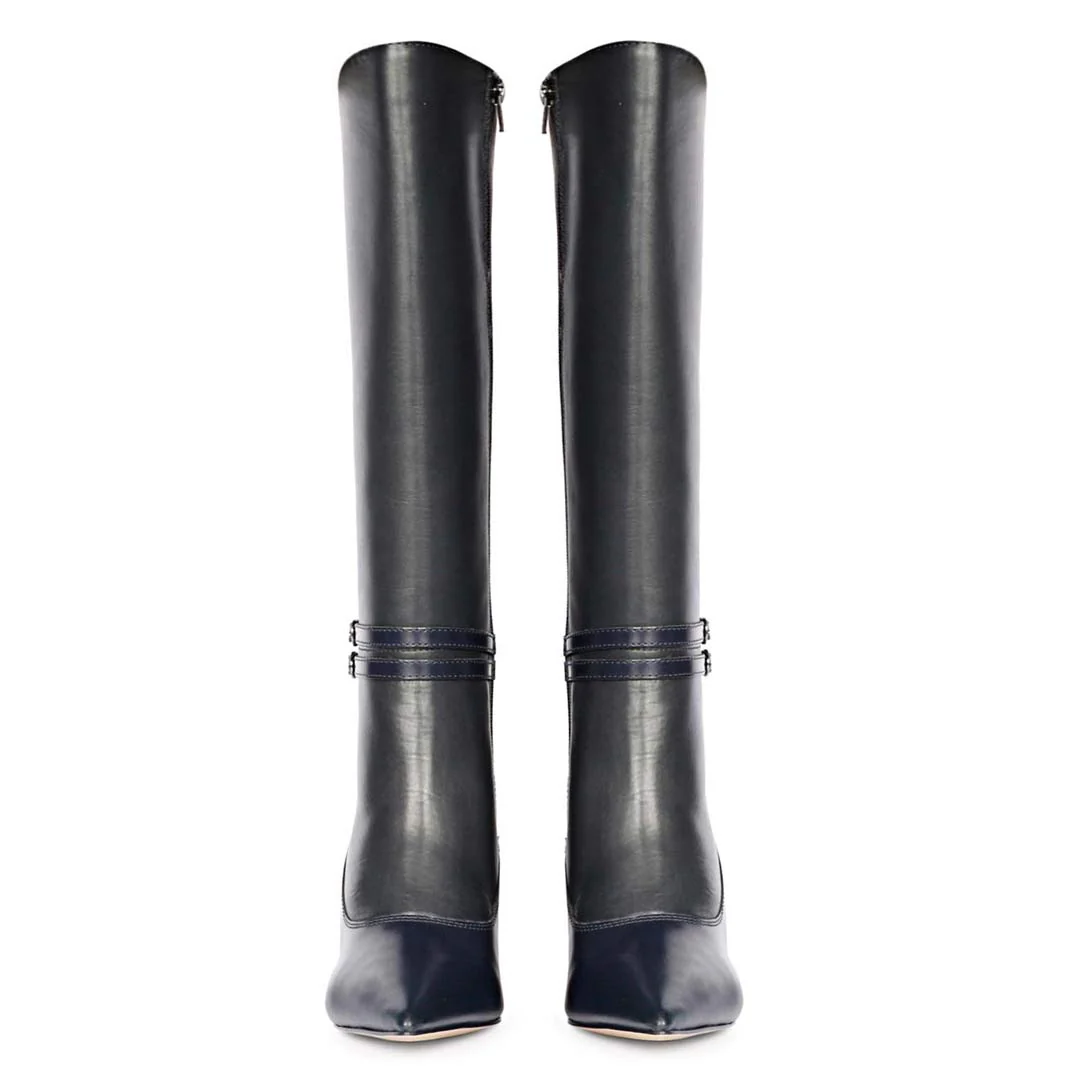 Saint Rey Buckle Decor Black & Blue Leather Long Boots - Image 5