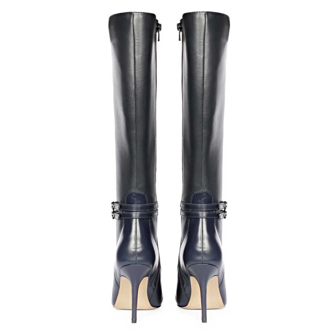 Saint Rey Buckle Decor Black & Blue Leather Long Boots - Image 6