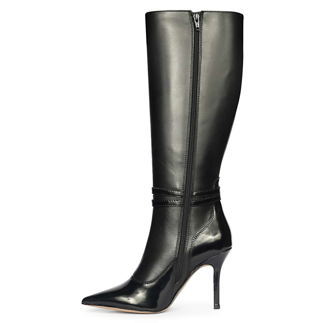 Saint Rey Buckle Decor Black Leather Long Boots - Image 4