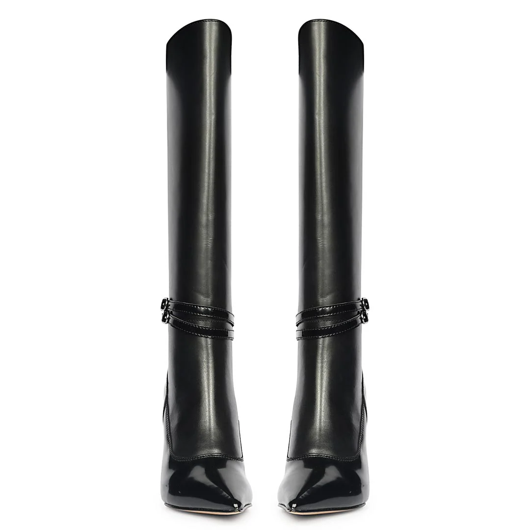 Saint Rey Buckle Decor Black Leather Long Boots - Image 5