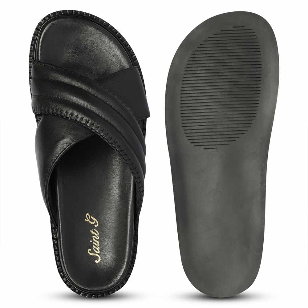 Saint Reya Padded Cross Strap Black Leather Flats - Image 7