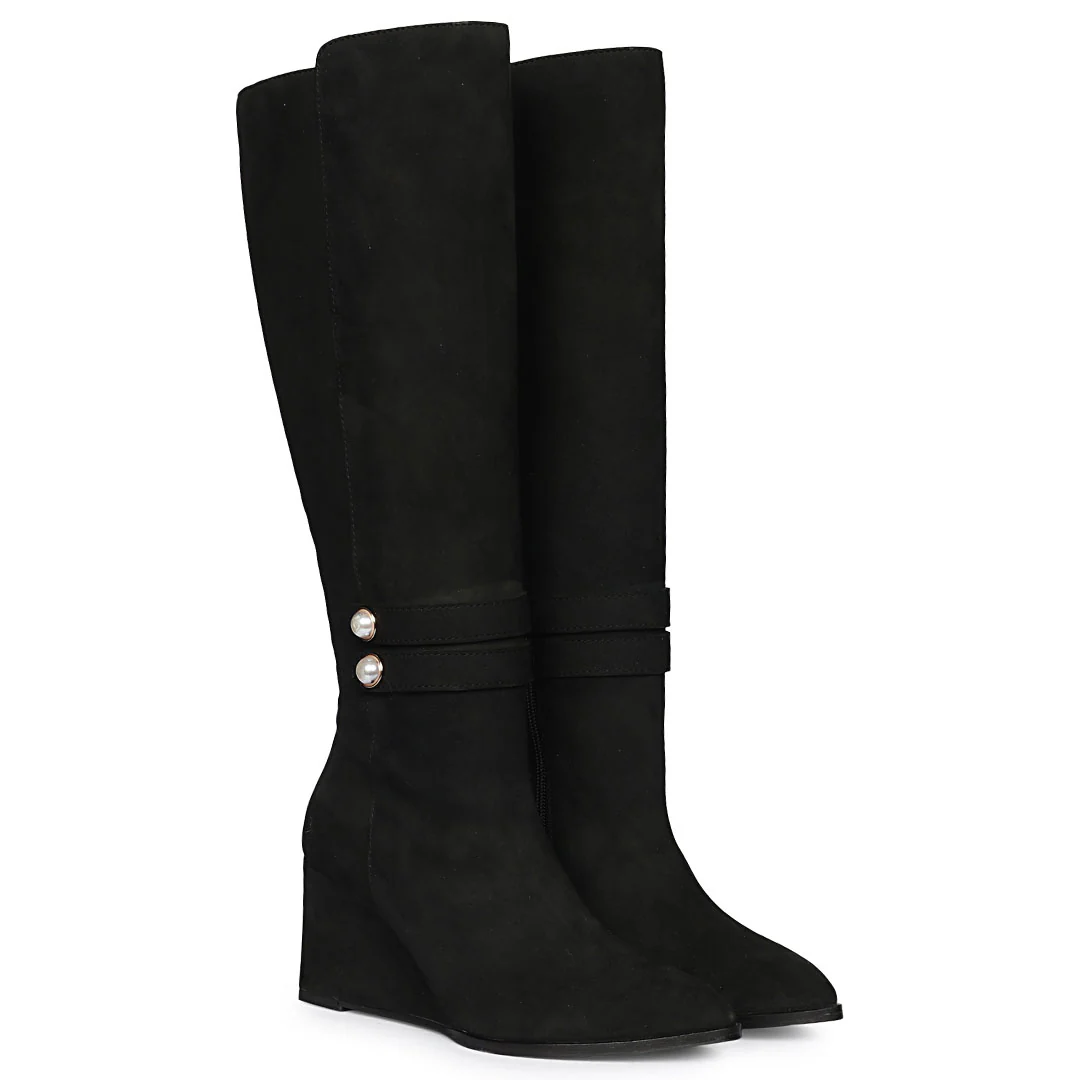 Saint Rosabel Black Suede Leather Wedge Long Boots - Image 2