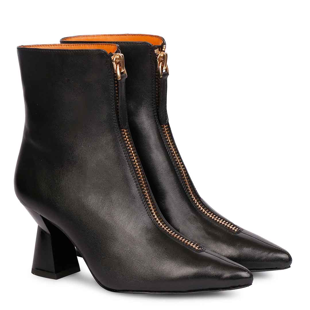 Saint Rose Black Leather Front Zipper Pointed Toe Heel Boots - Image 3