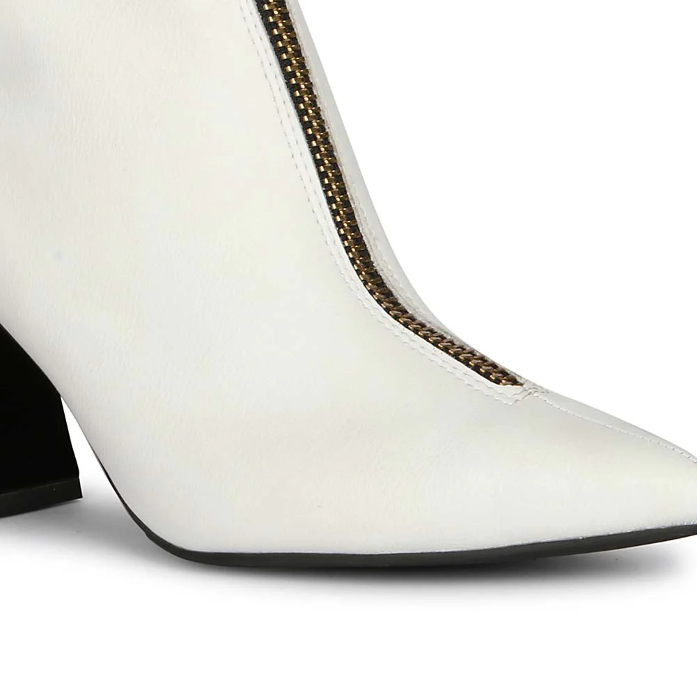 Saint Rose White Leather Front Zipper Pointed Toe Heel Boots - Image 8
