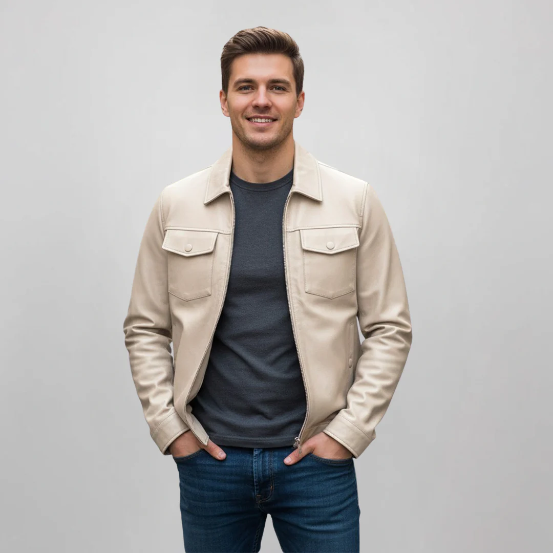 Saint Ruben Off-White Leather Men's Jacket With Collars