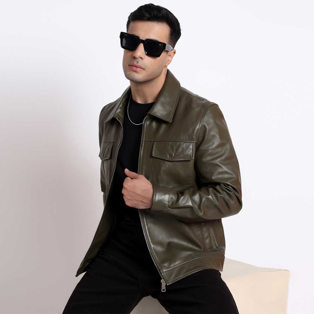 Saint Ruben Olive Leather Men's Jacket With Collars - Image 2