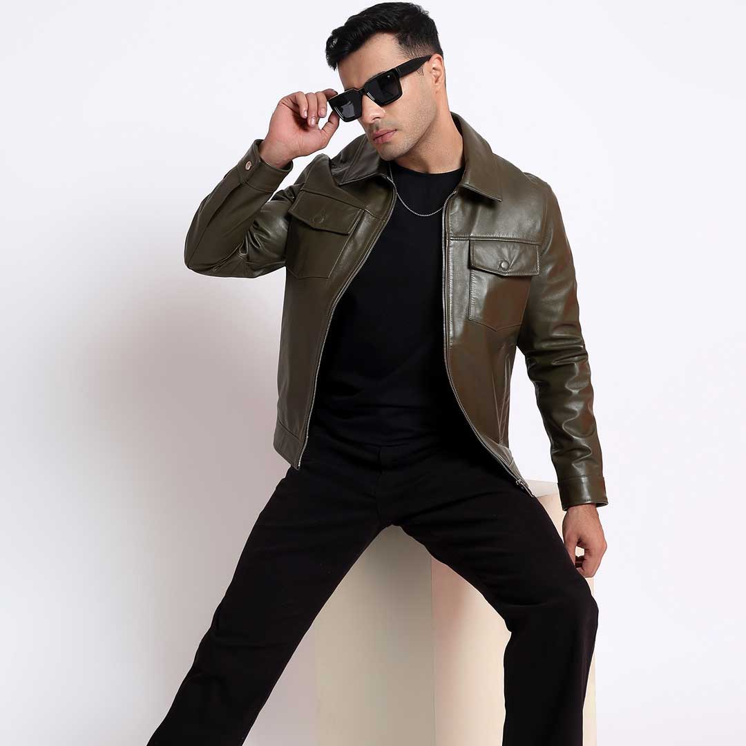 Saint Ruben Olive Leather Men's Jacket With Collars - Image 3