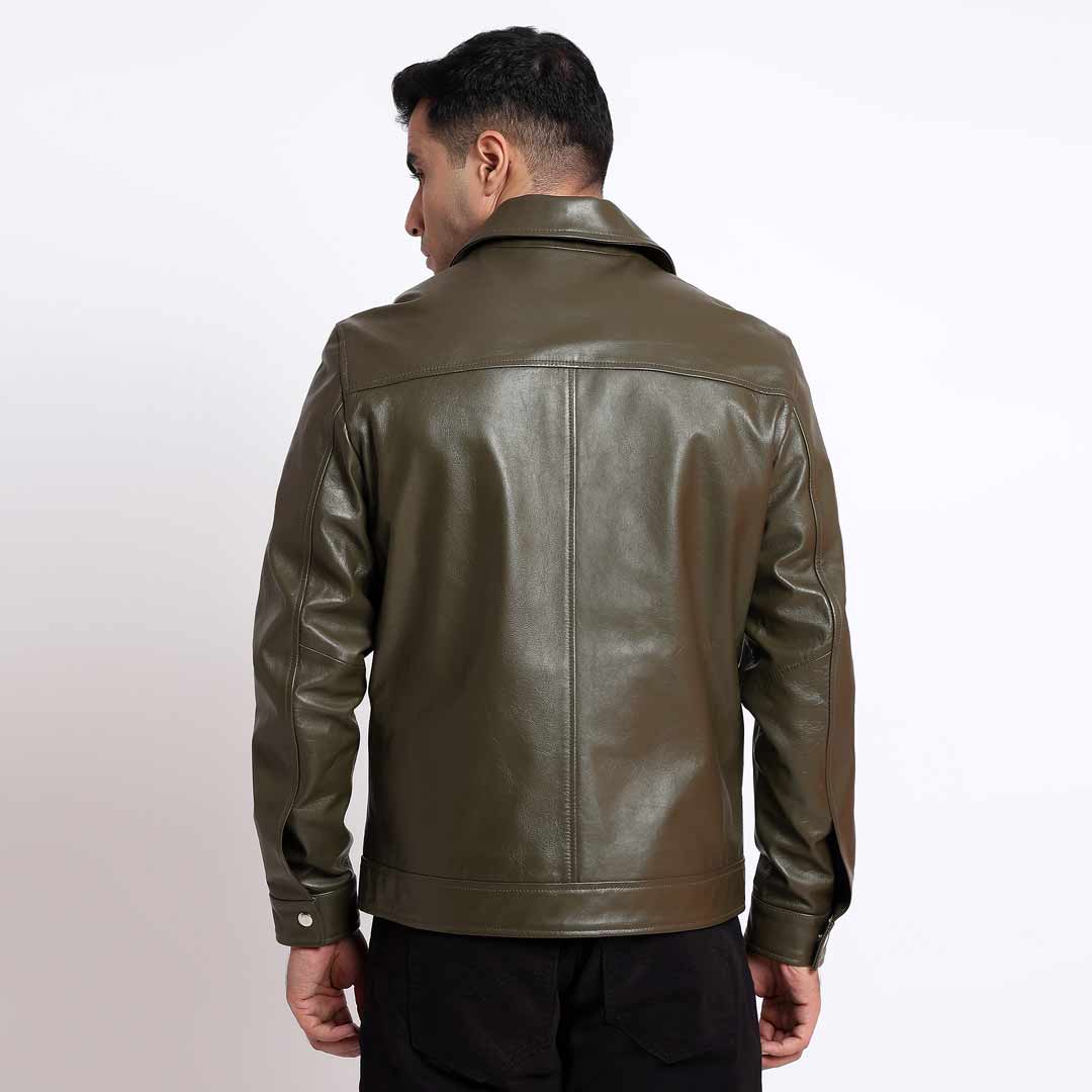 Saint Ruben Olive Leather Men's Jacket With Collars - Image 4